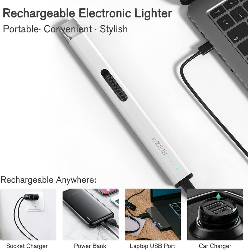 REIDEA Lighters 2 Pack R1 Flat Electronic Candle Lighter, Windproof Flameless USB Rechargeable Arc Lighter with Safe Button and Power Indicator for Candle, BBQ and Fireworks, White - Image 4